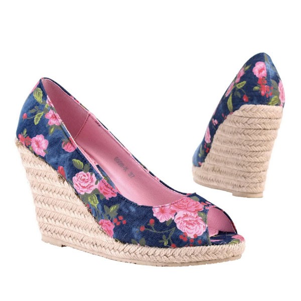 Blaue Blumenprint Keilabsatz Pumps